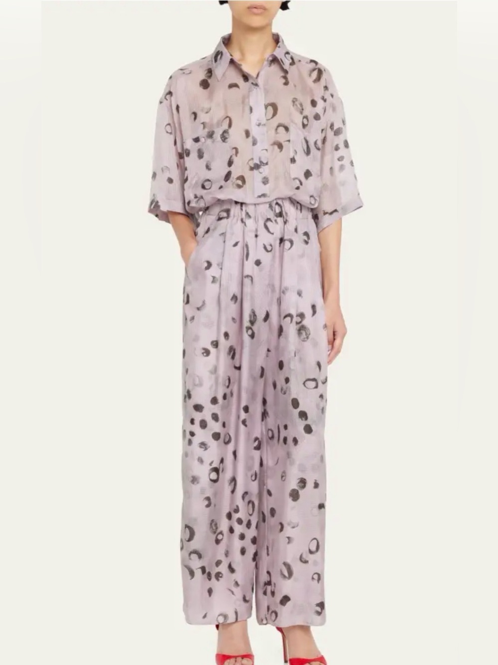 Limited Edition Giorgio Armani 100% Silk Lilac Rose Printed Wide-Leg Pants